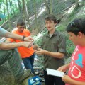 Forester Steve Rogers assists students as they test water quality.