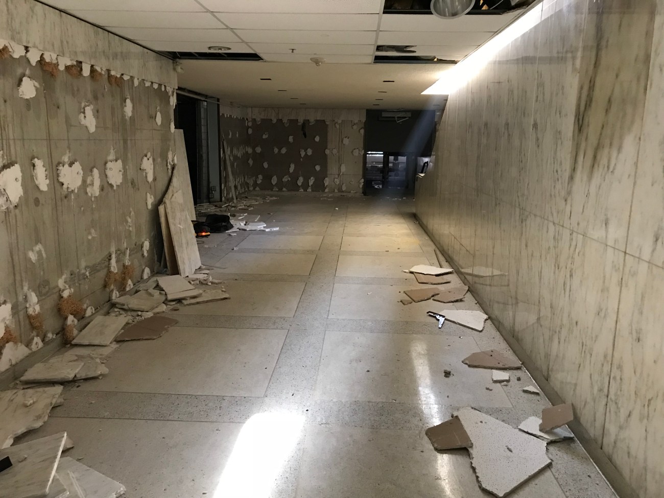 The hallway in the Mezzanine shows the signs of salvage.  Photo by Roberta Burnes.