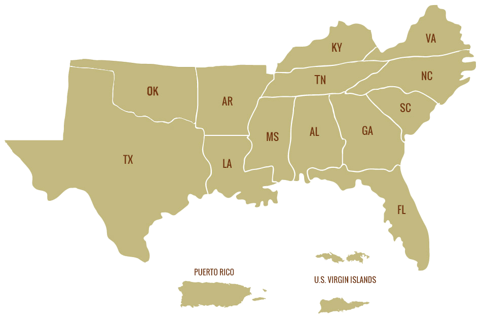 Map showing the region of SGSF from Kentucky as far south as Florida and includes Puerto Rico and U.S. Virgin Islands. 