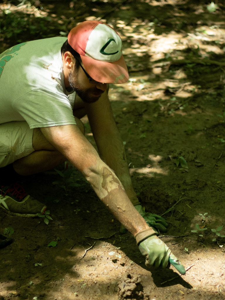 A man points out a crayfish