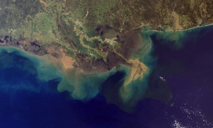 aerial view of where the river runs into the gulf with sediment creating hypoxia.